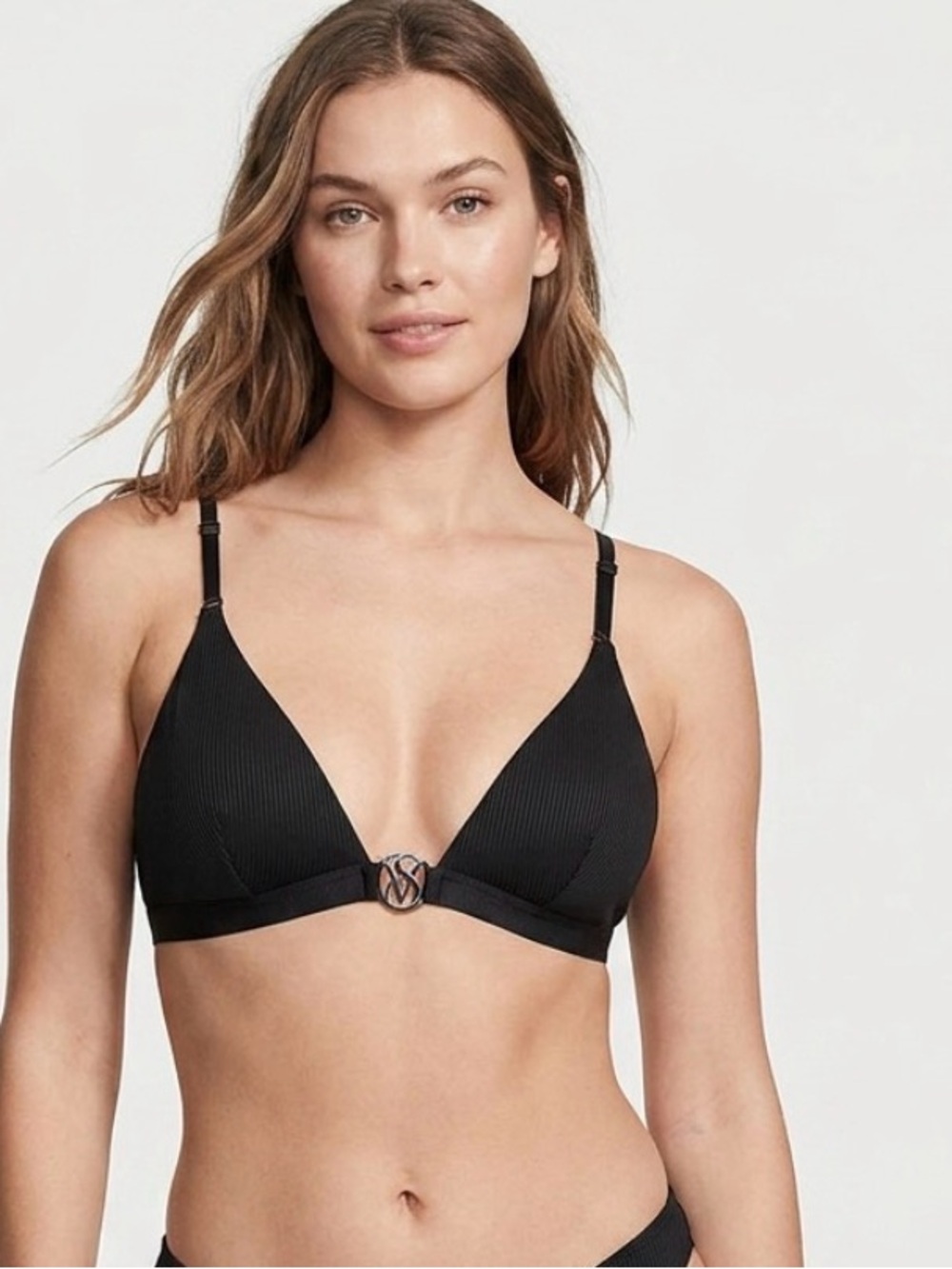 Victorias Secret Ribbed Triangle Bikini Top with Front Logo Clasp - Black